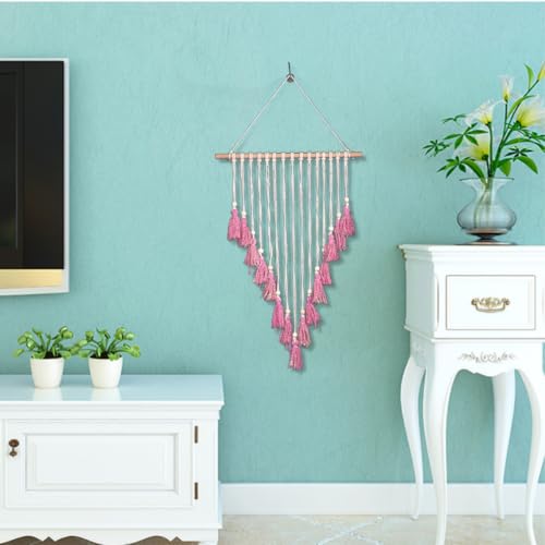 Tapiz de pared de macramé beige y rosa, decoración boho chic para dormitorio 3