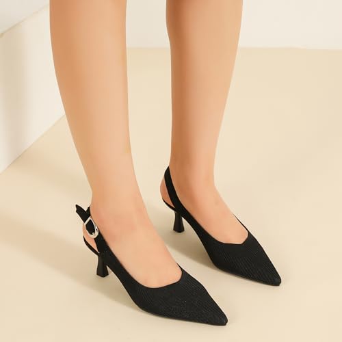 Women's Slingback Kitten Heels Pointed Toe Knit Pumps Slip On Dress Shoes3
