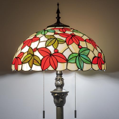 Image of Tiffany Floor Lamp, 16 inch Stained Glass Maple Leaf Shade with Antique Bronze Base, 2-Light E26 Pull Chain Standing Reading Light for Living Room Bedroom16x16x64 Inches (White Maple Leaf)