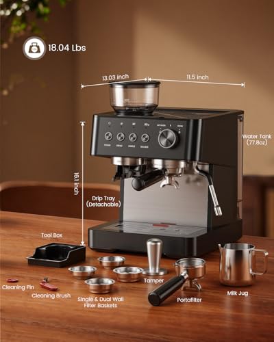 Image of (2026 Upgrade) Espresso Machine with Grinder, Expresso Coffee Machines with Built-in Anti-Clog Coffee Grinder /Milk Steam Wand /Frother, Expresso Machines for Home Perfect Cappuccino & Latte-Matte Black