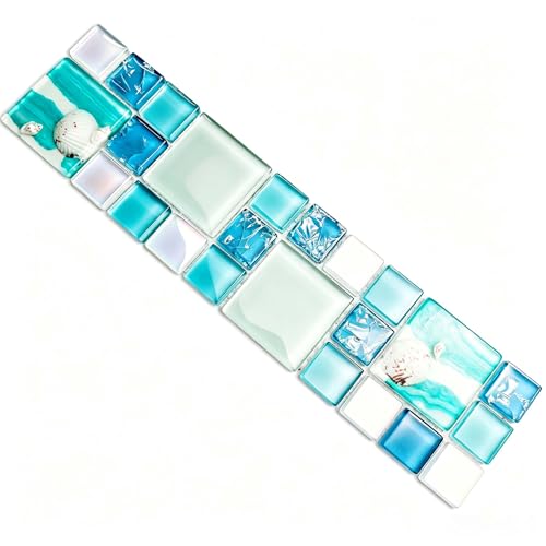 Blue Glass Mosaic Tile with Shell Coastal Bathroom Backsplash Sample