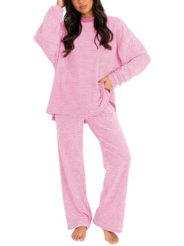 Women's 2 Piece Striped Lounge Set Wide Leg Pants Matching Pajamas Set