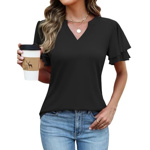 Rapbin Womens Tops Dressy Casual Ruffle Short Sleeve V Neck Blouses Summer Fashion Business Work Elegant Shirts