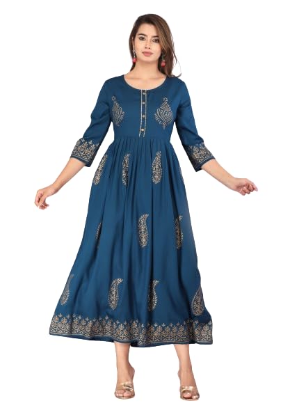 Women's Rayon Beautifull Blue Color Regular Fit Anarkali Kurta with Hand Work, Medium-image-17