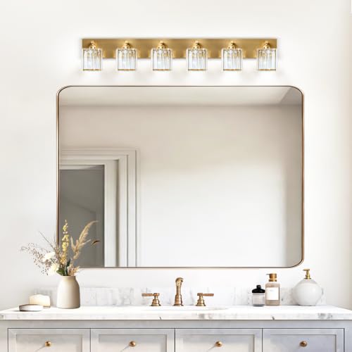 Image of Gold Crystal Bathroom Vanity Light, 6-Light Modern Bathroom Lighting Fixtures Over Mirror,Chrome Wall Sconce Light Fixtures with Square Shade