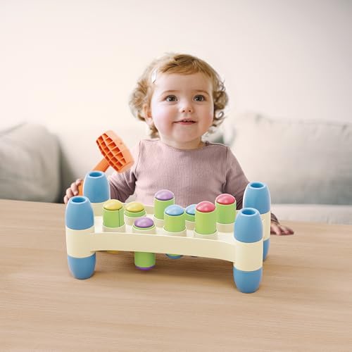 Image of Quercetti: PlayEco+ Hammer Peggy - Classic Peg Pounding Bench Toy, Interactive & Colorful Board, Preschool Cause-Effect Play, Toddler & Kids 18mo+