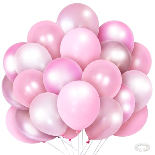 Image of Pink Balloons for Birthday Party Decorations- 12 Inch Different Shades of Pink Metallic Chrome Pearl Baby Light Matte Latex Balloon Bulk 50Pcs for Girls Women Coquette Pink Bow Kitty Theme Decor