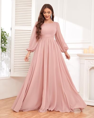 Long Sleeve Chiffon Bridesmaid Dresses for Women Long Ruched Empire Waist Wedding Formal Evening Gown3