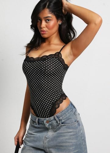 Image of Navneet Women Sexy Lace Bodysuit Lace Trim High Cut Thong Spaghetti Strap Cami Bodysuit Going Out Tank Tops Body Suit