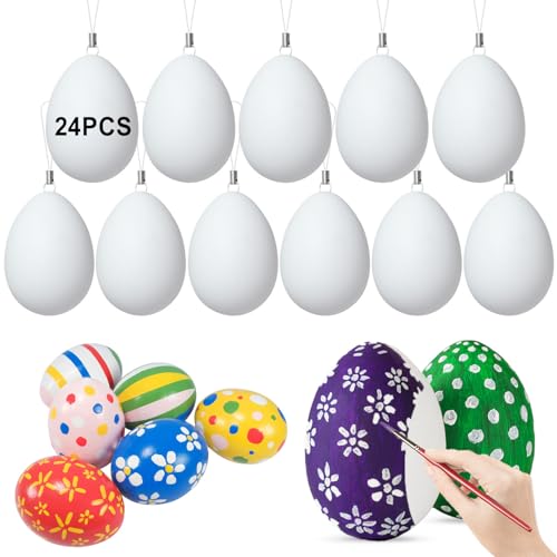 ZZOUFI Oeufs de Paques a Decorer, 24pcs Oeuf à Peindre, Oeufs Plastique Blanc (avec Crochets Robuste)