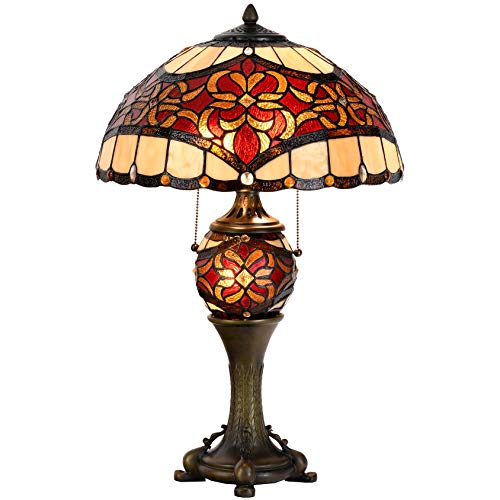 Bieye L30802 Lampe de table en vitrail de style baroque Tiffany avec base éclairée pour salon, chevet, décoration de la maison (40,6 cm, rouge)