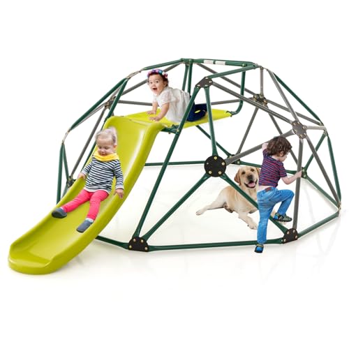 GYMAX Dome Climber with Slide, 2 in 1 Kids Climbing Set, Convenient Grip, Outdoor Indoor Children Climbing Frame for 3-12 Years Old Boys Girls (Grey+Green)
