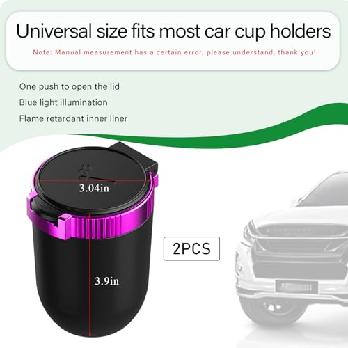 Image of KVAEY Car Ashtray with Lid, Mini Portable Car Ashtray, Detachable Stainless Steel Smokeless Ash tray with LED Blue Light, Windproof Cars Accessory for Travel Car Smokers (Purple, 2pcs)