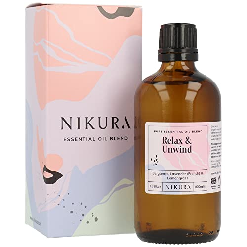 Nikura Relax & Unwind Essential Oil Blend - 100ml | Made from Bergamot Lavender Lemongrass | for Relaxation Aromatherapy Diffusers Soap Making Candle Making | Vegan & UK Made