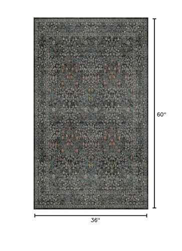 Image of Vintage Floral Dark Green 3x5 Area Rugs for Entryway, Kitchen, Bedroom Beside Rug, Laundry Room, Non-Slip Low Pile Ultra Soft Stain Resistant Small Carpet