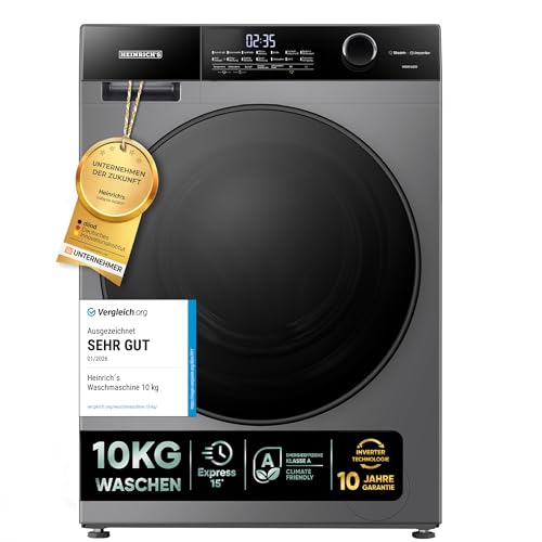 Heinrich´s Waschmaschine, Steam-Funktion, 10kg Mega Kapazität, 15 Programme, 1400 U/min., Aqua-Stop, LED-Display, Endzeitvorwahl, mit Kindersicherung, langlebiger und leiser Inverter Motor,Titan-Grau