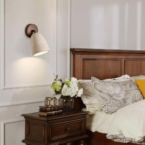 Aplique de pared de travertino con base de madera y luz regulable E26 6