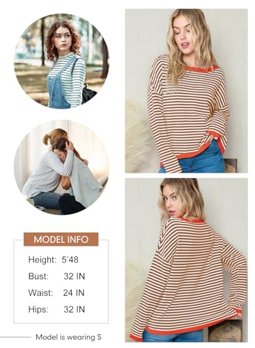 Image of Dokotoo Women's Long Sleeve Sweaters Casual Crewneck Fashion Fall Striped Color Block Shirts High Low Pullover Sweater Tops