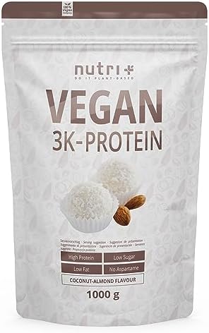 Nutri + Protein Vegan Kokos Mandel 1000g - 81% Eiweiß - 3K blend Pulver - Veganes Eiweißpulver - Kokosnuss Proteinpulver - Coconut Almond Flavor
