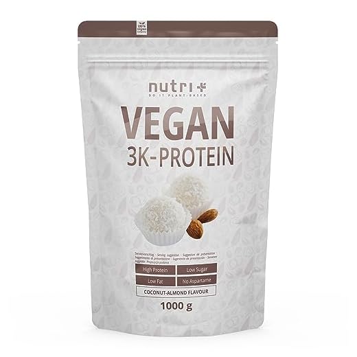 Nutri + Vegan Protein Powder Sabor a Coco y Almendra - 1000g 81% de Proteínas Origen Vegetal - Baja en Carbohidratos 3k para Batidos