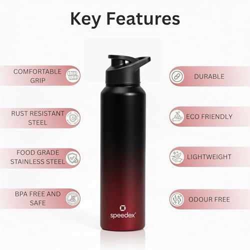 Image of Speedex Stainless Steel Water Bottle 1 Ltr, Leak Proof Sipper Cap, BIS Approved 1000 ml Metal Bottle For Daily, Office, School, Gym, Travel Use for Men, Women, Kids, Adults, Black Wine, Set of 2