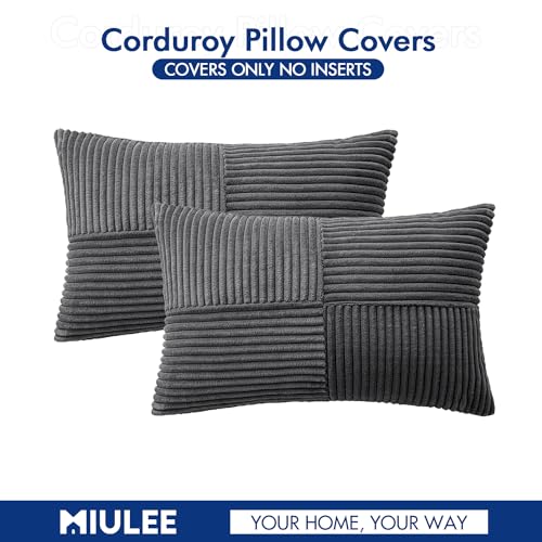 Image of MIULEE Grey Decorative Lumbar Throw Pillow Covers 12x20 Inch for Couch Bed Sofa Pack of 2 Boho Farmhouse Throw Pillows Soft Cross Corduroy Patchwork Textured Cushion Cases