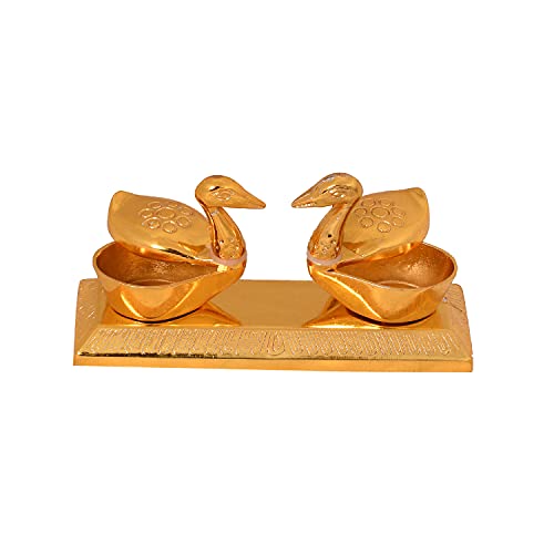 Image of JAIPUR ACE Metal Brass Swan kumkum Box | Puja | Roli | Chawal | Chandan | Haldi | Sindoor | Turmeric | Dabbi | Dibbi | Dhani | Dani Lid Holder - Duck Swan kumkum (Golden, 6 X 11 X 6 cm)