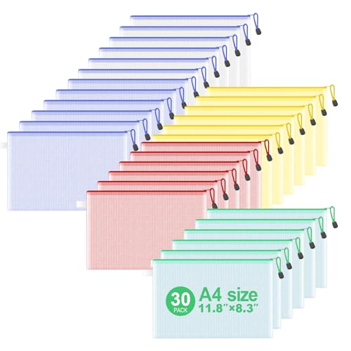 Pack de 30 carteras de plástico con cremallera A4 y malla impermeable para documentos