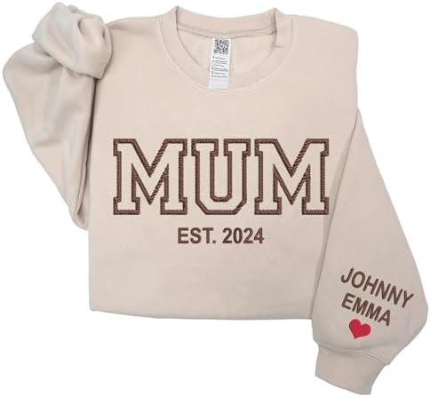 Love Signal Personalized Embroidered Mum Crewneck Sweatshirt, Mothers Day Shirt, Mum Sweater with Kids Name on Sleeve, Pregnancy Reveal Gifts for New Mums, Women Christmas Sweatshirt