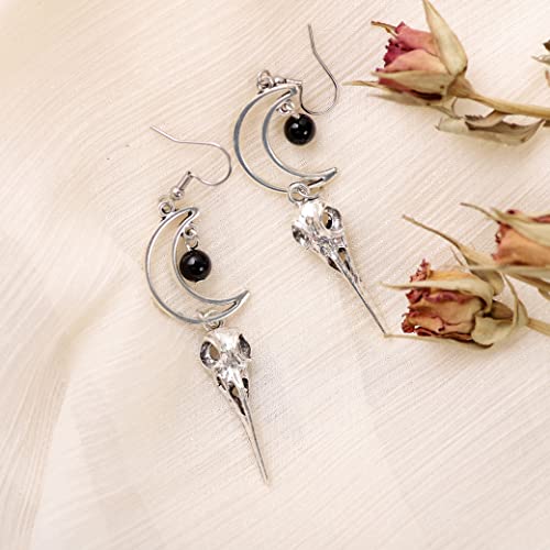 Sacina Gothic Crescent Moon Skull Earrings, Zinc Alloy Moon Bird Skull Pendant Earrings, Goth Jewelry Gift for Women3