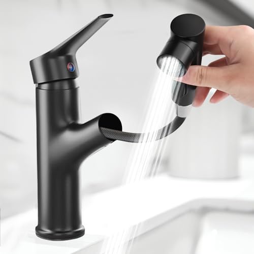 Robinet de salle de bain avec douchette extensible, haute pression, mitigeur monocommande avec 3 types de jet, mitigeur chaud et froid, pour salle de bain, noir