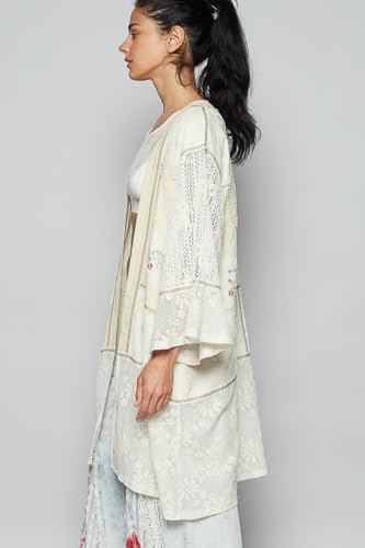 POL Clothing Boho Lace Kimono Cardigan with Floral Embroidery, Long Open Front, White3