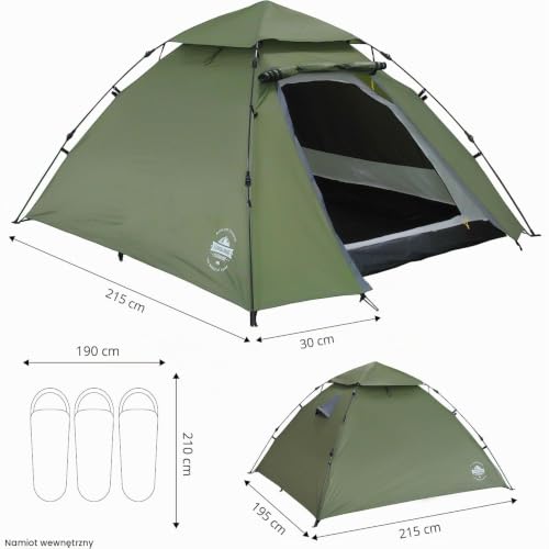 Lumaland Pop Up namiot dla 2-3 osób, 215 x 195 x 120 cm, na 4 pory roku, namiot outdoorowy igloo, na trekking i festiwale, lekki, wodoodporny i wytrzymały, kolor zielony
