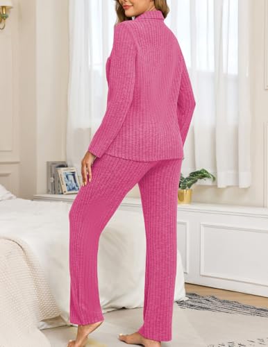Image of Veseacky Women's Ribbed Knit Pajamas Set 2 Piece Warm Soft Loungewear Sleepwear Pjs S-XXL