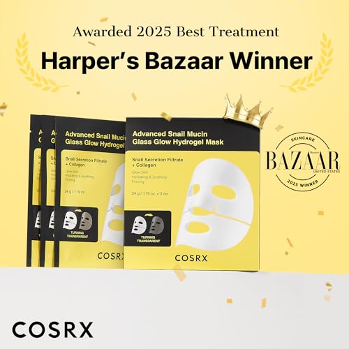 COSRX Advanced Snail Mucin Glass Glow Hydrogel Face Masks Skincare, Collagen Mask, Overnight Peel Off Korean Face Mask for Hydration Boost, Glass Skin Face Mask Korean Skincare, Pack of 3