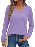 SMENG Basic Long Sleeve Shirts for Women V Neck Cotton Shirt Cooling Moisture Wicking Tops Fall Clothes Light Purple L