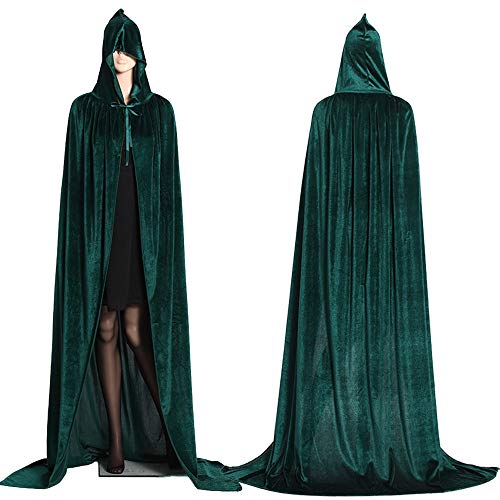 Hooded Cloak Full Long Velvet Cape for Halloween Cosplay Costume Cloak Green 07GS - Thumbnail 6