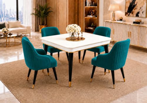 Image of WOODEN SPACE 4 Seater Wooden Dining Table Set | Urban Marble Top Dining Table with Chairs for Dining Room & Kitchen (Modern Zyro Sea Blue) (42 x 42 x 30 inch)