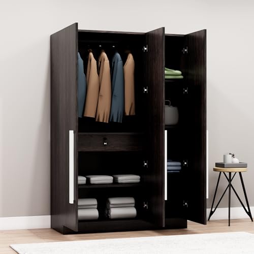 Image of Bniture 3 Door Wardrobe for Bedroom with Lockable Door & Hanging Space | Almirah for Clothes with Elevated Bottom Base | Wardrobe for Storage Cupboard | 3 Years Warranty (Flower Wenge, 3 Door)