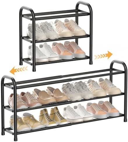 ENJOYBASICS Expandable Metal Shoe Racks for Closet, 3 Tier Adjustable Shoe Organizer Shelf, Black Free Standing Rack Storage for Entryway