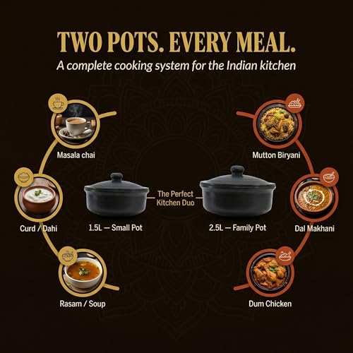 Image of Black Clay Pots for Cooking with Lid | Bartan for Cooking | Clay Handi Set Earthen Kadai | Traditional Handmade Terracotta Cookware for Serving | Natural and Organic Pack of Two 1.5L+2.5L