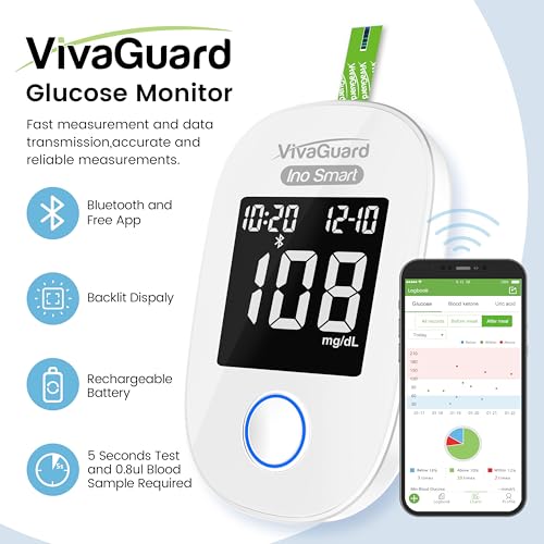 Image of VivaGuard VGM04 Bluetooth Glucose Monitor Kit, 100 Strips & 100 Lancets | Free App, Rechargeable Battery, Backlit Display for Senior, No Coding, Portable, Carrying Case, FDA-Cleared FSA&HSA Eligible