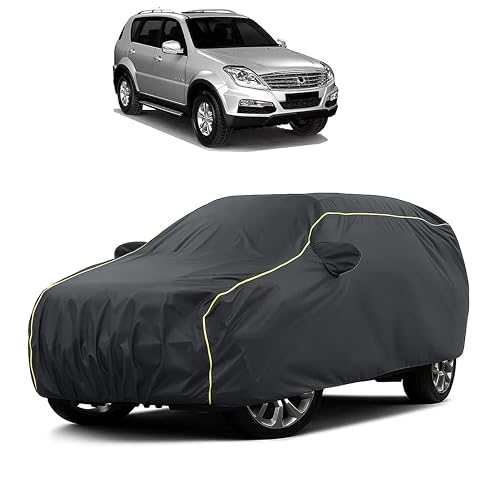 Image of Sulfar 100% Water Resistant Car Body Cover Compatible with Mirror for SsangYong Rexton (Triple Stitched, Full Bottom Elastic, Dark Grey Taffeta with Yellow Piping)