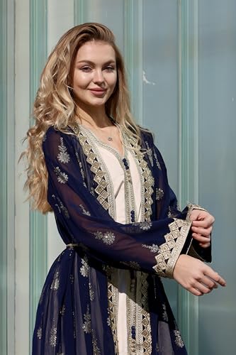 Image of HUSN Embroidered Two-Piece Abaya Set Long Cardigan with Gold Embroidery with Plus Size Inner Slip Kaftan for Eid