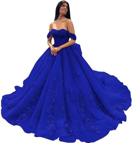 WDBFY Princess Lace Quinceanera Dresses with Bow Puffy Tulle Sweet 15 16 Dresses Off Shoudler 3D Floral Beaded Ball Gowns