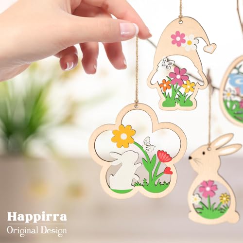 Happirra Osterdeko Anhänger Holz, 12 Stück Ostereier zum Aufhängen Draussen, Osteranhänger Ostern Deko, Ostereier zum Aufhängen Draußen