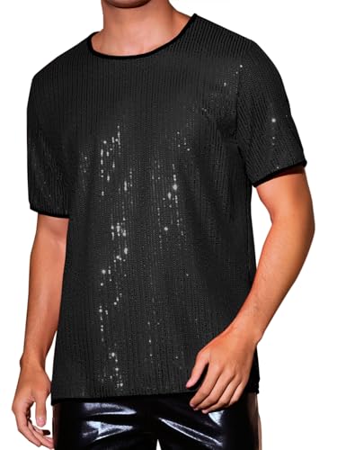 Lars Amadeus Sequin T-Shirts for Men's Metallic Top Short Sleeved Club Rave Party Sparkly Shirt