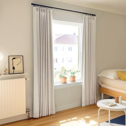 DEFYNEE 100% Blackout Curtains for Bedroom, Pinch Pleated Curtain, Linen-Look Thermal Insulated, with Back Tab & Hooks, Curtains for Living Room, Office, 2 Panels,40"x63",Cream - Image 8