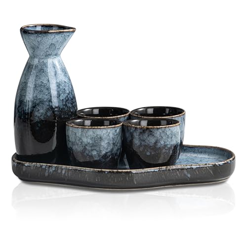 Service à saké japonais en céramique, 6 pièces. Set de saké japonais traditionnel avec 4 gobelets à saké de 35 ml, 1 pot à saké de 175 ml, 1 plateau, glaçage...