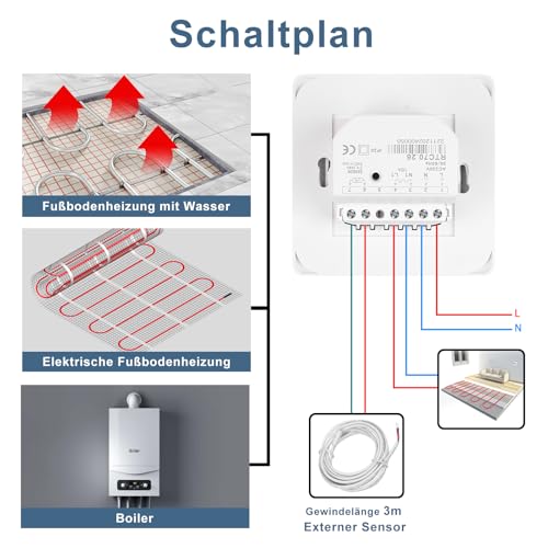 CNBINGO Raumthermostat Fußbodenheizung Elektrisch Regler mit Fühler, Mechanisch Thermostat Fussbodenheizung Elektrische Fusbodenheizungsregler Unterputz